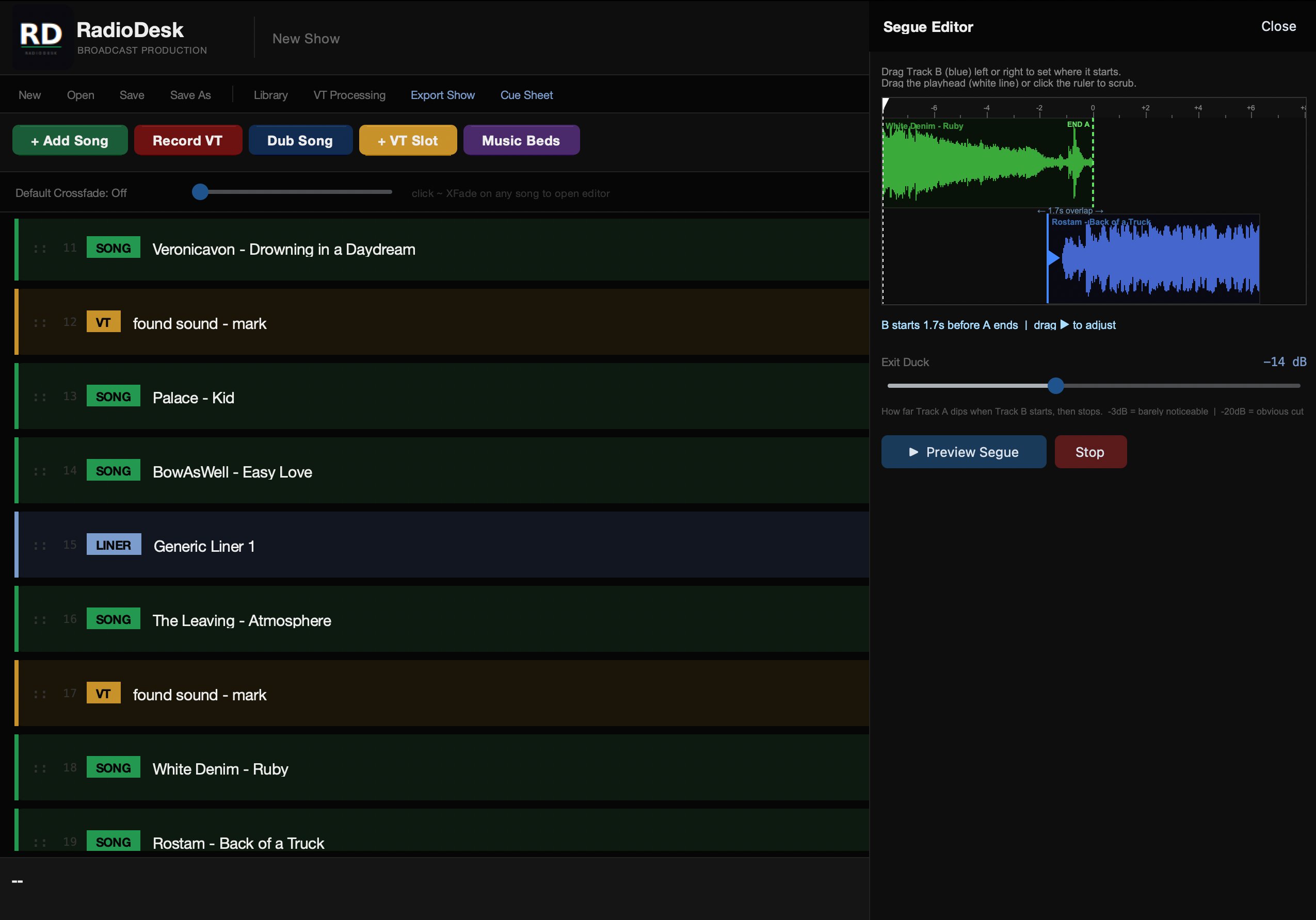 RadioDesk Segue Editor showing waveform overlap, duck depth slider at -14dB, and Preview Segue button
